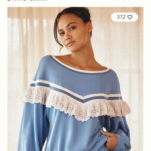 NWT Blue Sweater with White Lace Trim